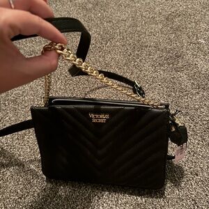 Victoria's Secret Black Chevron Crossbody Bag with Gold Chain